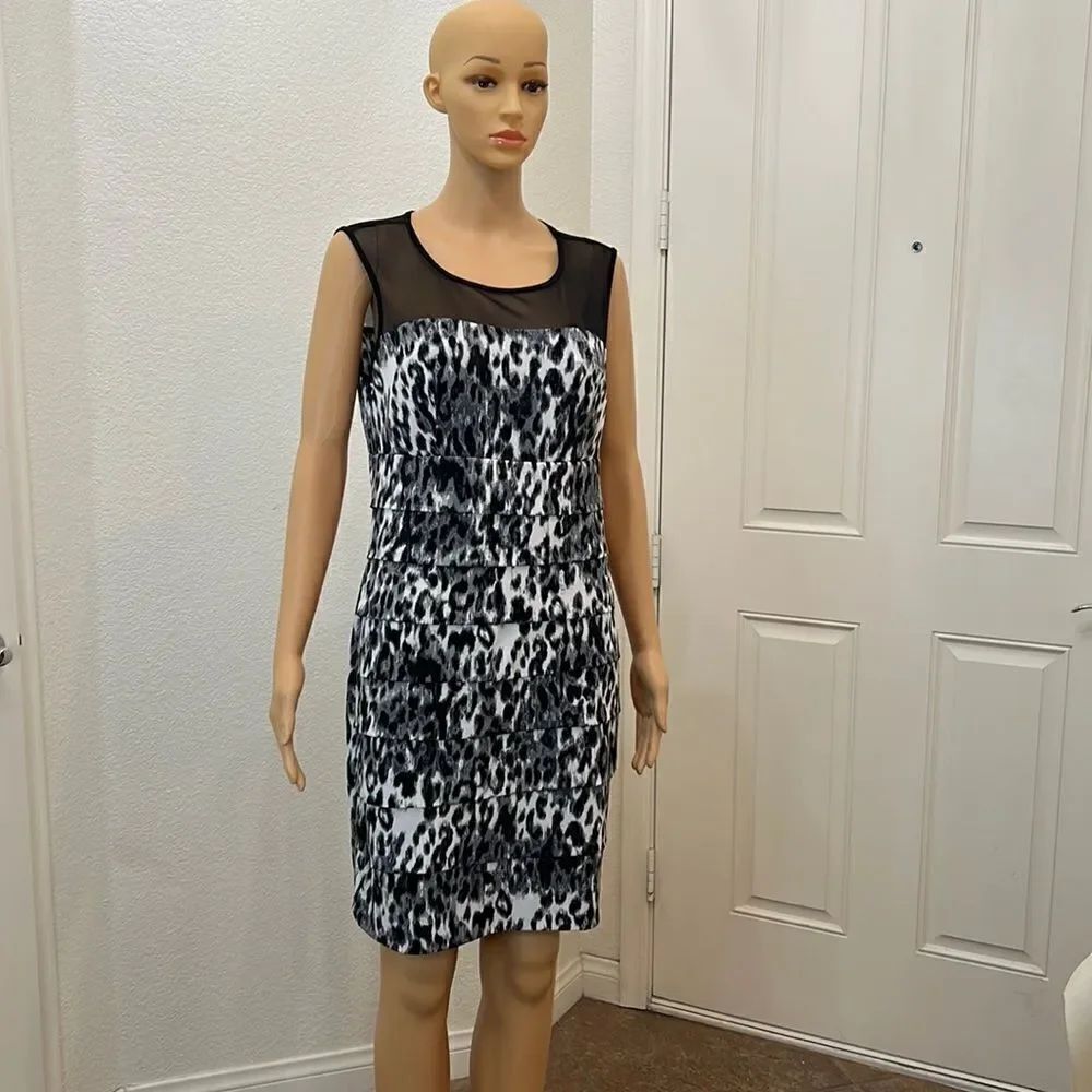 Enfocus Studio Dress Size 14 Black White Leopard Print Slimming Tiered Ruffles